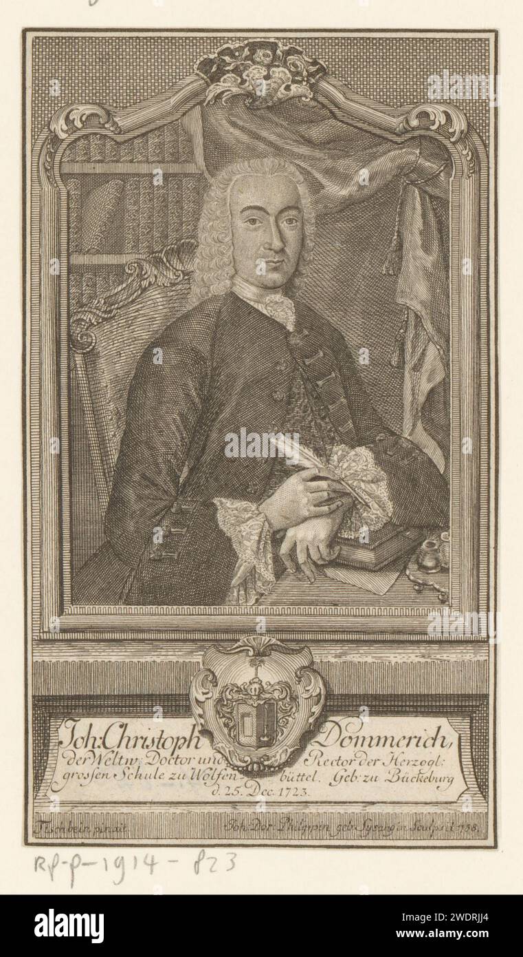 Porträt van Johann Christoph Dommerich, Johanna Dorothea Sysang, nach Johann Heinrich Tischbein (1722-1789), 1739 - 1791 Druckpapier mit Stich historischer Personen. Schreibzubehör. Bücherregale Stockfoto