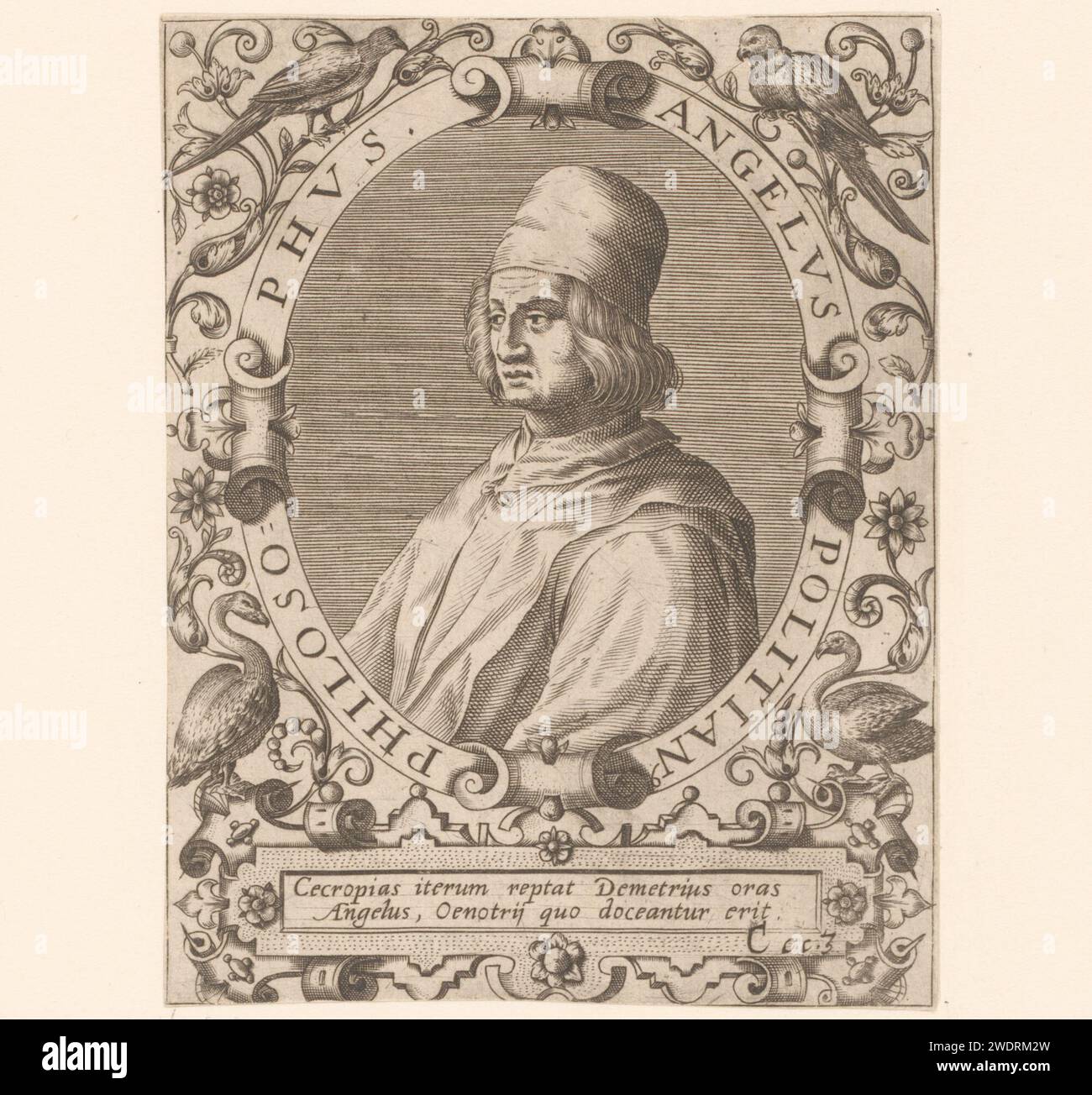 Portret van Angelo Poliziano, Robert Boissard (zugeschrieben), 1597–1599 Druck nummeriert CCC3 unten rechts. Frankreich Papier, das historische Personen graviert. Vögel Stockfoto