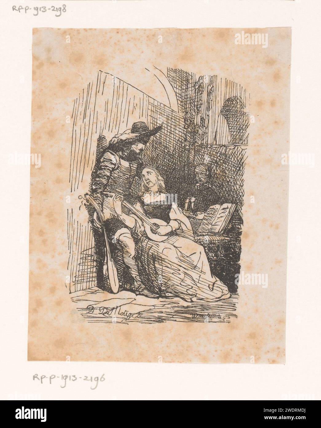 Mann und Frau musizieren zusammen, David Emile Joseph de Noter, nach Charles Augustin Wauters, 1828–1879 Druckpapier mehr als ein Musiker mit Instrument. Cithern, Mandoline, Gitarre, Balalaika. Ein paar Liebhaber Stockfoto