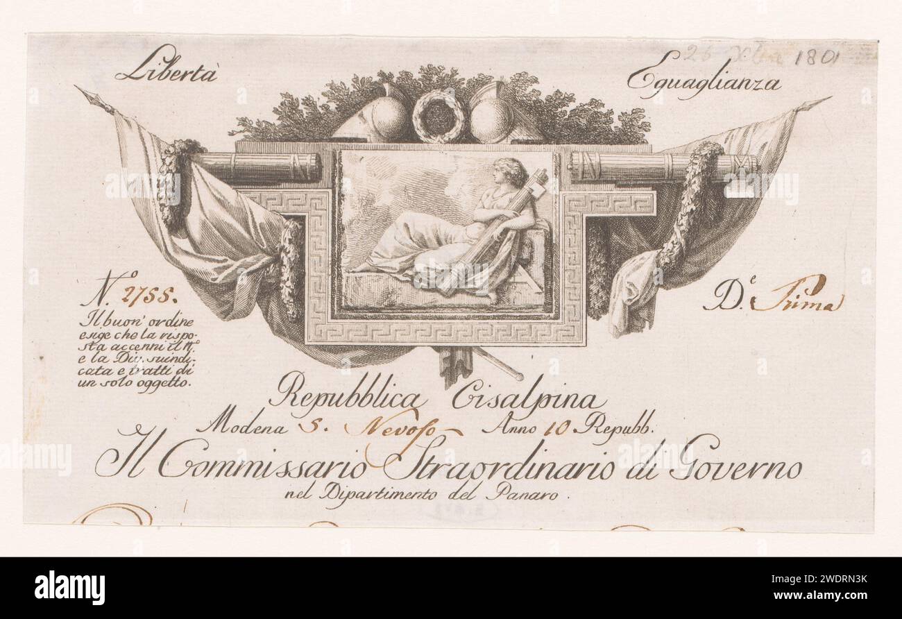 Briefkopf für die Republik Cisalpijnse, Anonym, nach Pierre Prud'Hon, 1797 - 1801 Druckpapier, Briefumschlag. Regierungs- und Vertretungsorgane. Freiheit, Freiheit; „Libertà“ (Ripa) Stockfoto