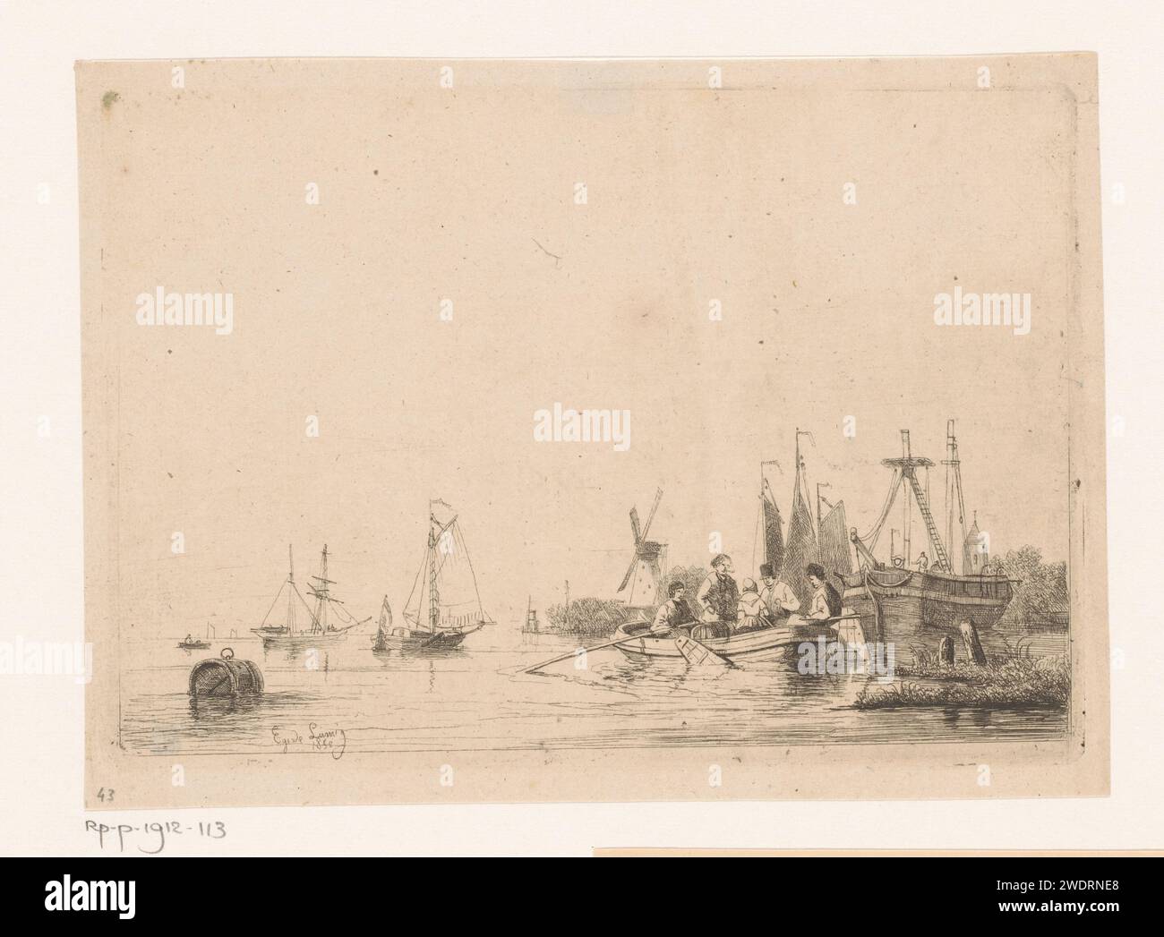 Flussseite mit schwimmender Tonne, ein Ruderboot und Segelboote, Egidius Linnig, 1852 Druckpapier ätzend Ruderboot, Kanu, etc. Segelschiff, Segelboot. Windmühle Stockfoto