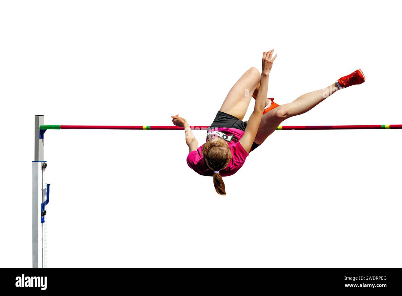 Weibliche Athleten-Jumper-Hochsprung-Leichtathletik-Wettkampf, isoliert auf weißem Hintergrund Stockfoto