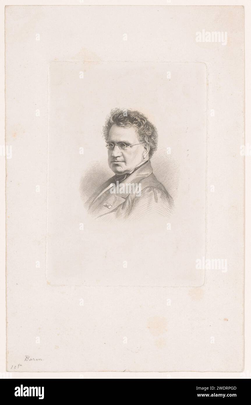 Portret van A.A.F. Baron, Jean-Baptiste Meunier (zugeschrieben), 1831–1888 Druckpapier, das historische Personen graviert. Erwachsener Mann. Brillen, Brillen Stockfoto