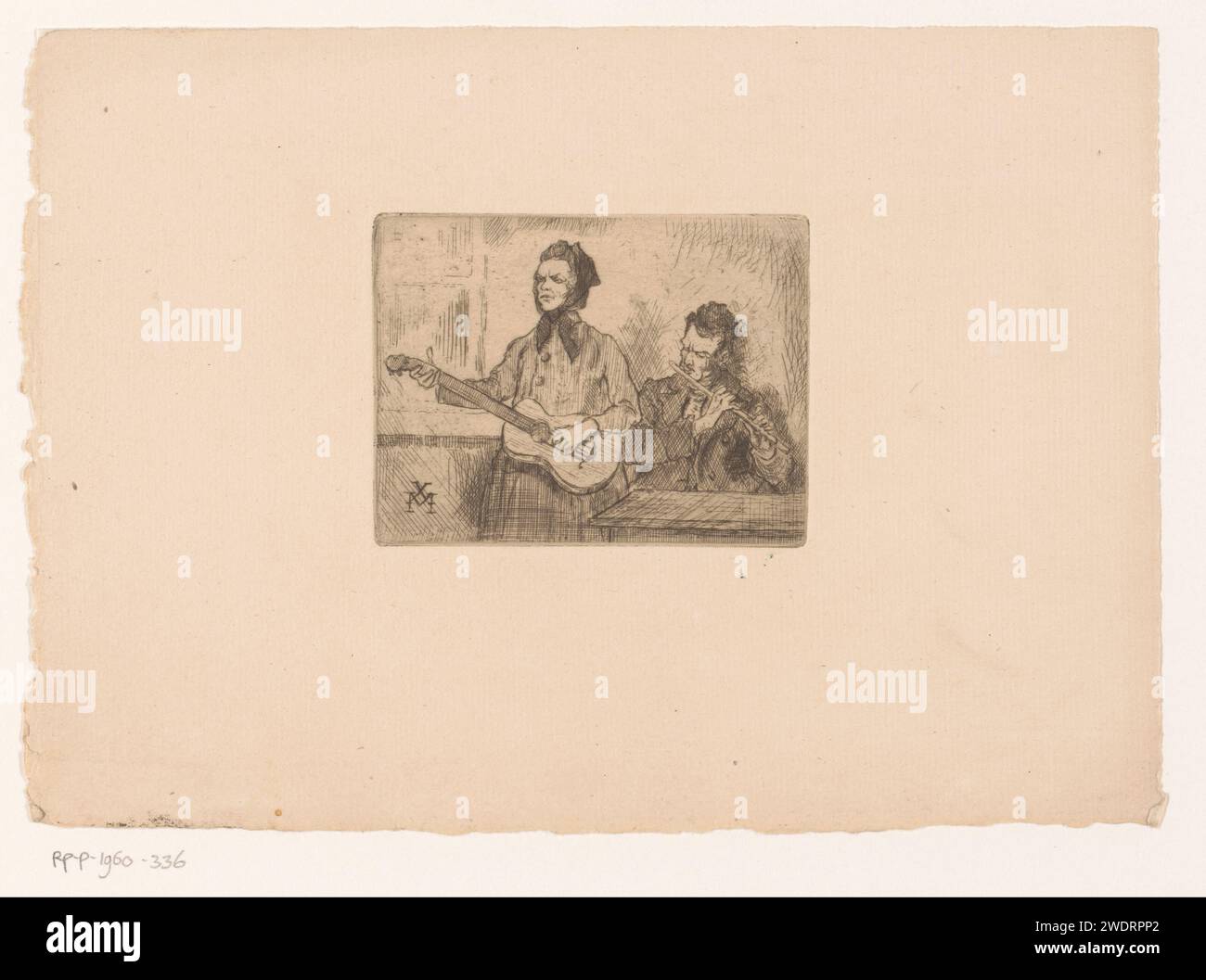 Zwei Musiker, Xavier Mellery, 1855 - 1913 Printfrau spielt auf einer Gitarre und ein Mann spielt Flöte. Papier, das mehr als einen Musiker mit Instrument ätzt. Cithern, Mandoline, Gitarre, Balalaika. Quernut Stockfoto