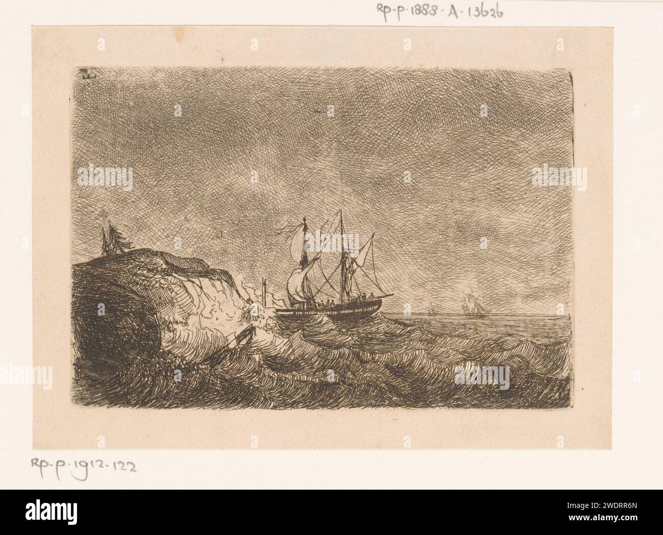 Segelschiff gegen die Küste, Egidius Linnig, 1844 Druckpapier, das Segelschiff graviert, Segelboot. Schiffbruch Stockfoto