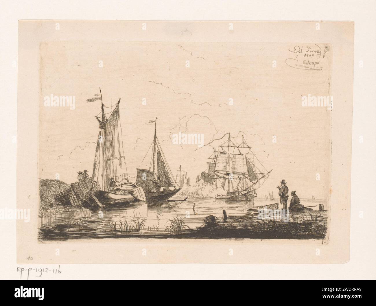 Grußbilder beim Segeln auf dem Driemaster Macassar, Egidius Linnig, 1847 Antwerpener Papier mit Gravur von Segelschiff, Segelboot. Schusswaffen: Kanone Stockfoto