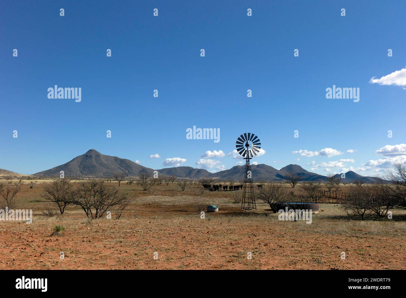 Alte westliche Windmühle auf einer Wüstenfarm, kleine Berge in der Ferne Stockfoto