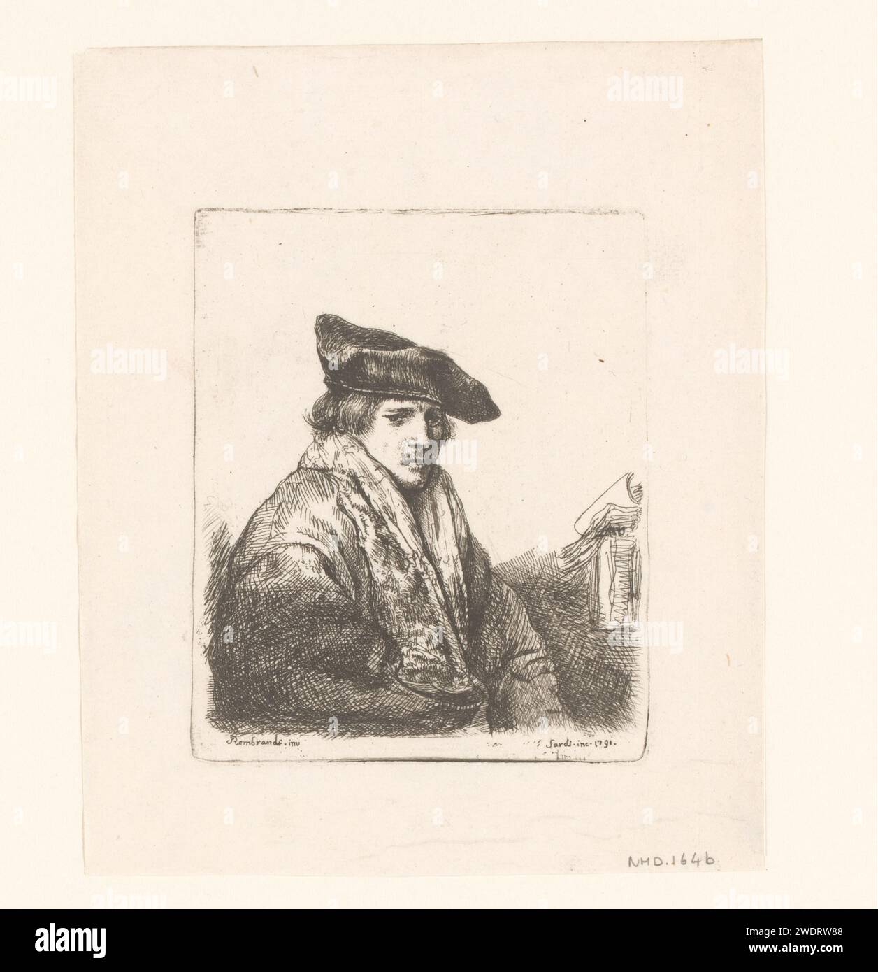 Junger Mann in Einer Samtmütze (Petrus Sylvius?), Giuseppe Sardi, nach Rembrandt van Rijn, 1791 drucken möglicherweise ein Porträt von Petrus Johannes Sylvius. Papierätzung Jugend, Jugendliche Stockfoto