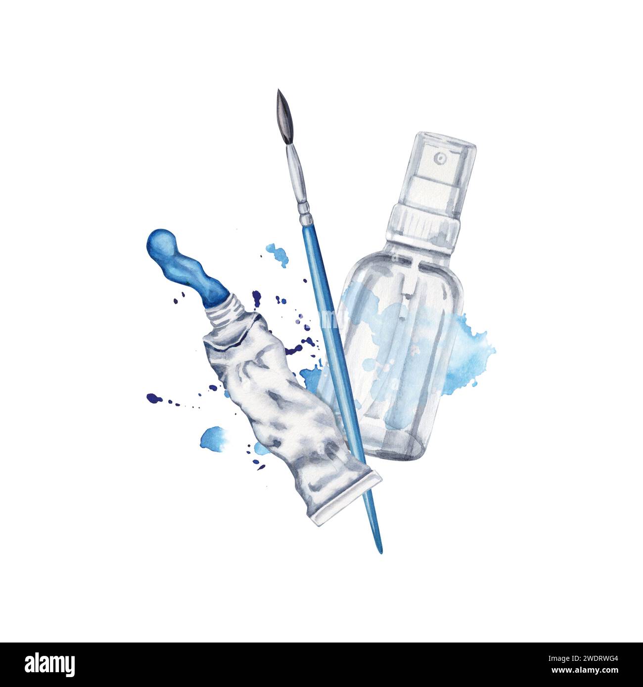 Flache Lagenkomposition mit Wassersprühflasche, künstlerischem Pinsel und blauem Farbtubus mit Spritzern. Aquarellabbildung isoliert auf weißem Hintergrund. Stockfoto