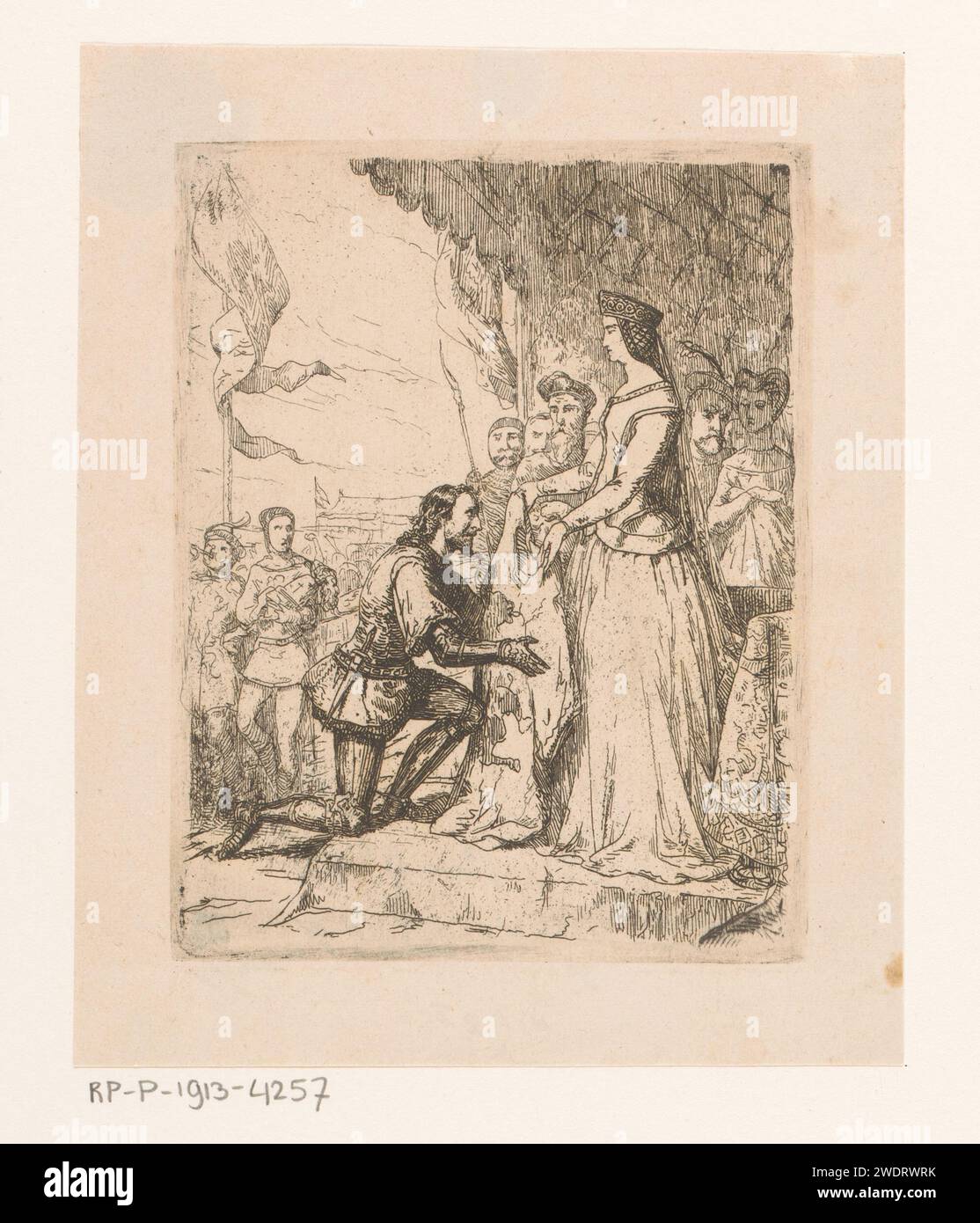 Bruno als sieger der Joust, Johan Bernhard Wittkamp, 1857 Print weil er eine Joust gewonnen hat, erhält der Ritter Bruno einen wip-gestickten Waffenrock. Danach fühlt er sich schuldig, weil er mit Zorn gekämpft hat und nicht mit der Mutter des edlen Ritters. Amsterdam Papierätzer Ritter. Bügel, Kippen Stockfoto