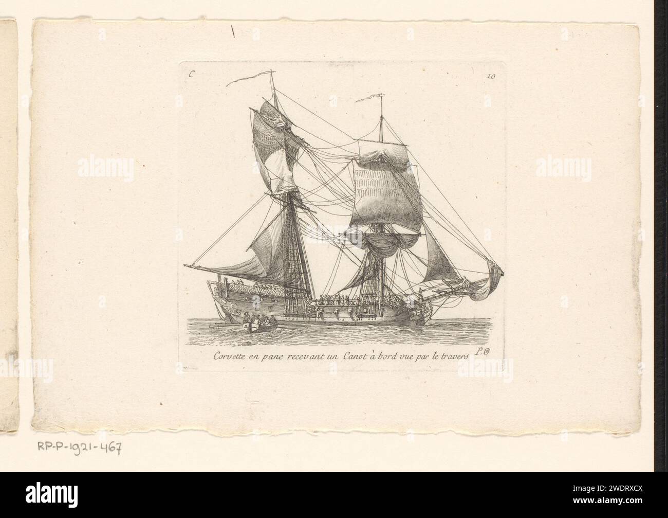 Ruderboot segelt in Richtung Waarding Schip, Pierre Ozanne, 1747 - 1813 Druck Paris Papier ätzt Segelschiff, Segelboot Stockfoto