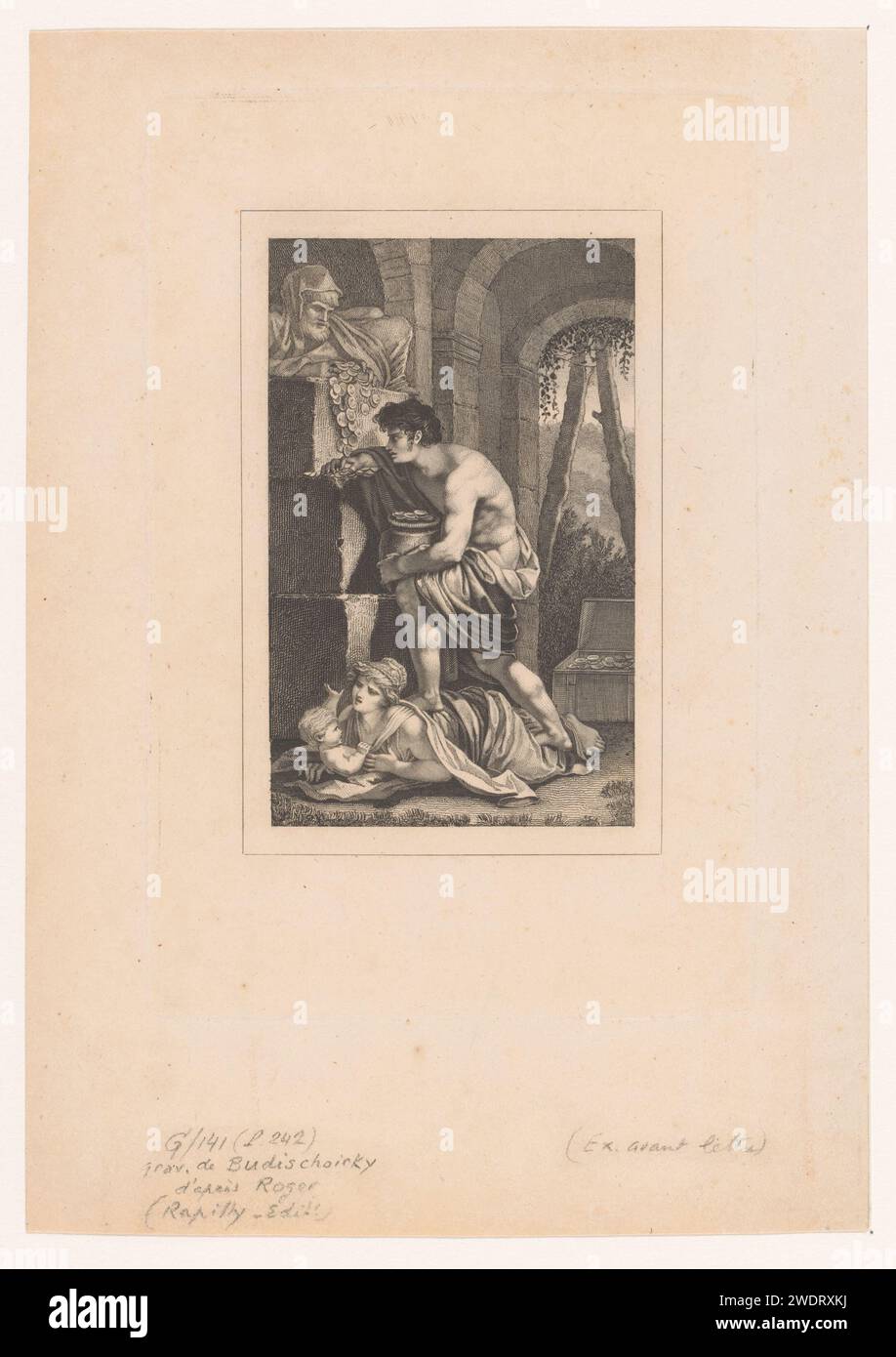 Esouf Rad, E. Greatuisy, nach BarthisyY Joseph Fours, Affers Pierre Promohone, C. 1850 Print UIT-Szene 'der indische Stamm' van Lucien Bonaparte. Paris Papiergravur und Gravur literarischer Charaktere und Objekte. Schatzsuche, Goldrausch Stockfoto