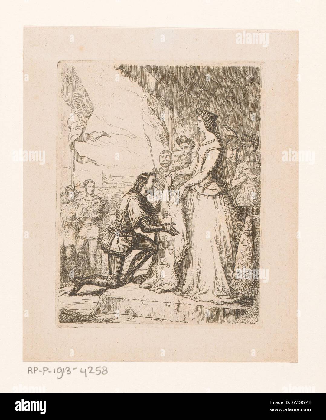 Bruno als sieger der Joust, Johan Bernhard Wittkamp, 1857 Print weil er eine Joust gewonnen hat, erhält der Ritter Bruno einen wip-gestickten Waffenrock. Danach fühlt er sich schuldig, weil er mit Zorn gekämpft hat und nicht mit der Mutter des edlen Ritters. Amsterdam Papierätzer Ritter. Bügel, Kippen Stockfoto