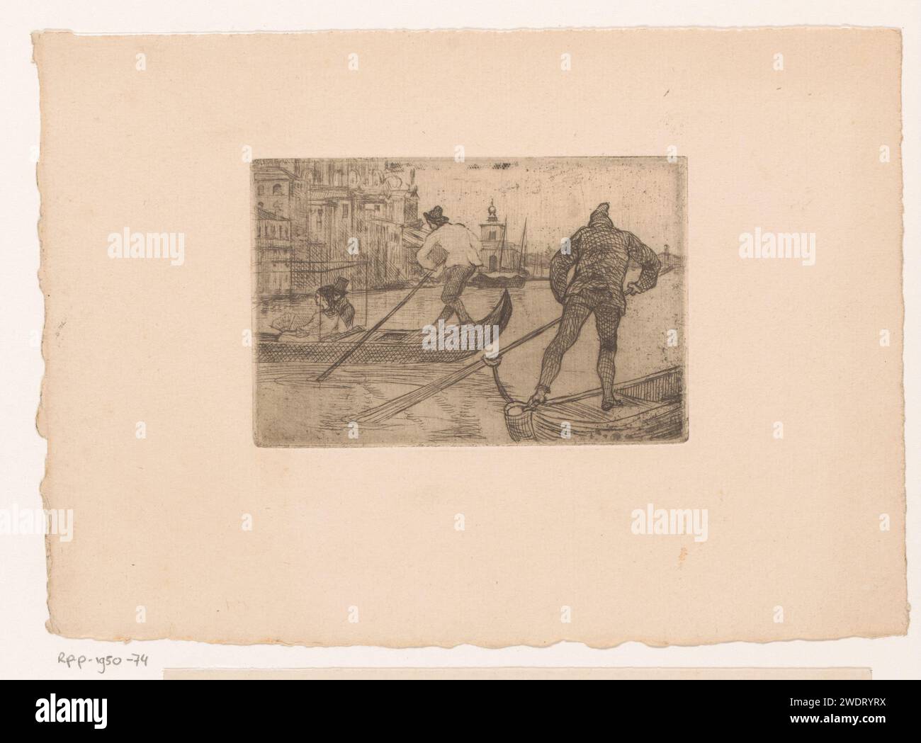 Gondels mit Gondelier auf dem Wasser in Venedig, Xavier Mellery (zugeschrieben), 1855 - 1921 Druckpapier-Gravur-Gondelbahn. Kanäle, Gewässer (in der Stadt) Venedig Stockfoto