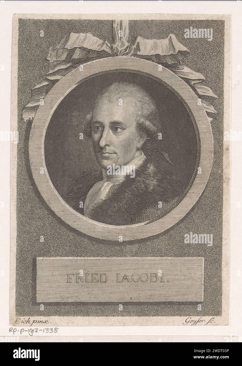 Porträt van Friedrich Heinrich Jacobi, Christian Gottlieb Geysir, nach Johann Friedrich Eich, 1752 - 1803 Druckpapier mit Stich historischer Personen. Gelehrter, Philosoph. Ornament  Medaillon Stockfoto