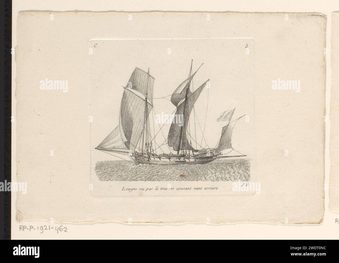 Segelschiff auf Dwarsstroom, Pierre Ozanne, 1747 - 1813 Druck Paris Papier ätzend Segelschiff, Segelboot Stockfoto