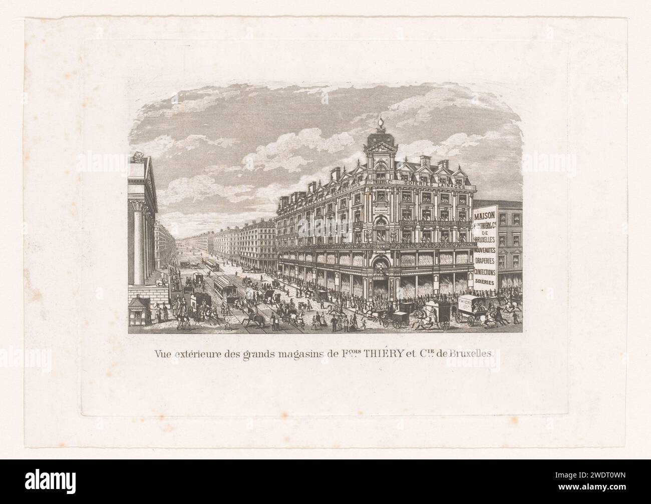 Blick auf das Kaufhaus von Thiéry & Cie in Brüssel, Auguste Numans (zugeschrieben), 1833 - 1880 Druckpapier, das den Blick auf die Stadt im Allgemeinen graviert; „Veduta“. Straße (+ Stadt (-Landschaft) mit Zahlen, Personal). Gebäude, z. B. öffentliches Gebäude, Kaufhaus Brüssel Stockfoto