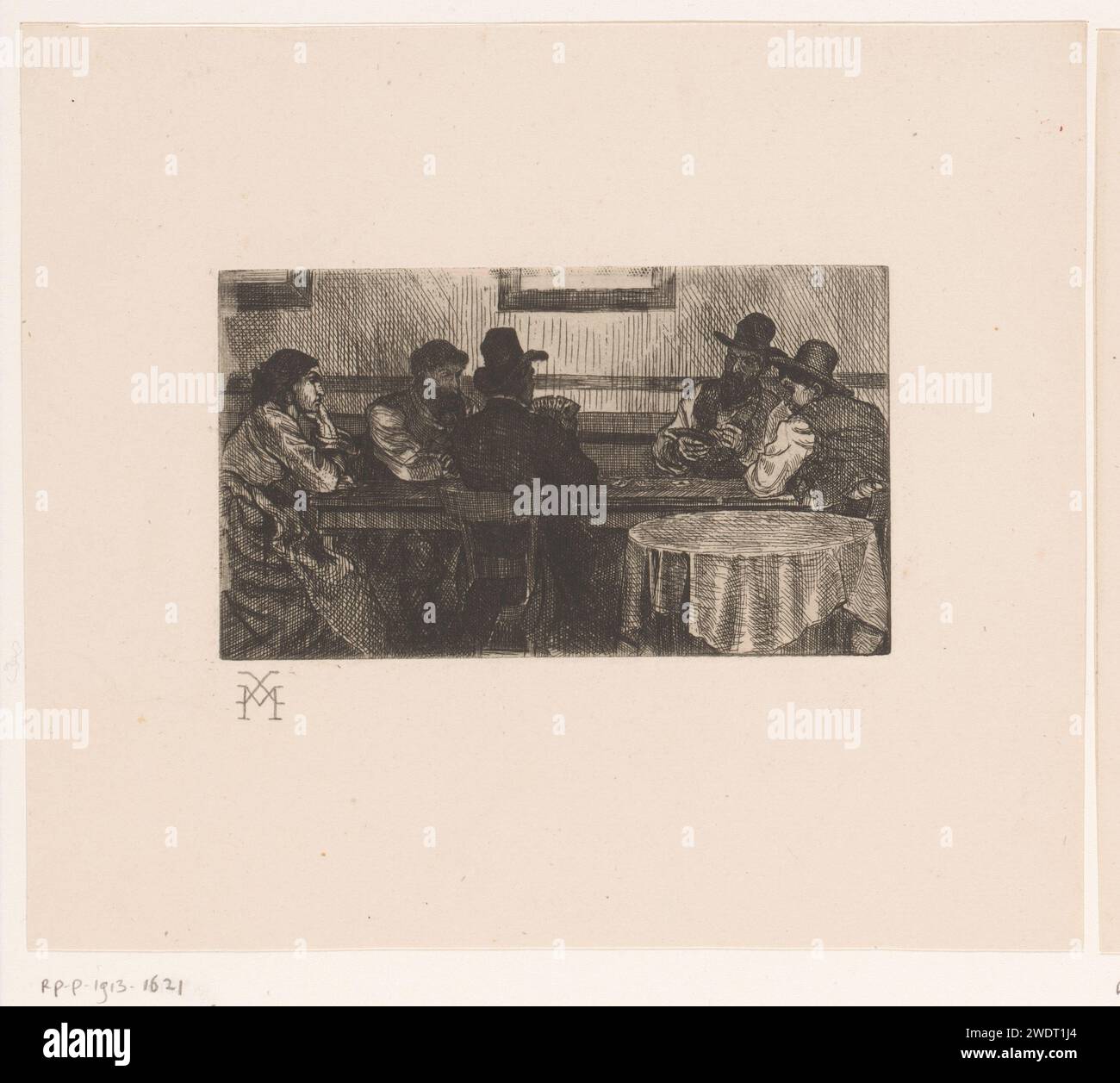 Kartenspieler am Tisch, Xavier Mellery, 1855 - 1913 Druckpapier, das Spielkarten graviert. Erwachsener Mann (+ vier Personen). Erwachsene Frau Stockfoto