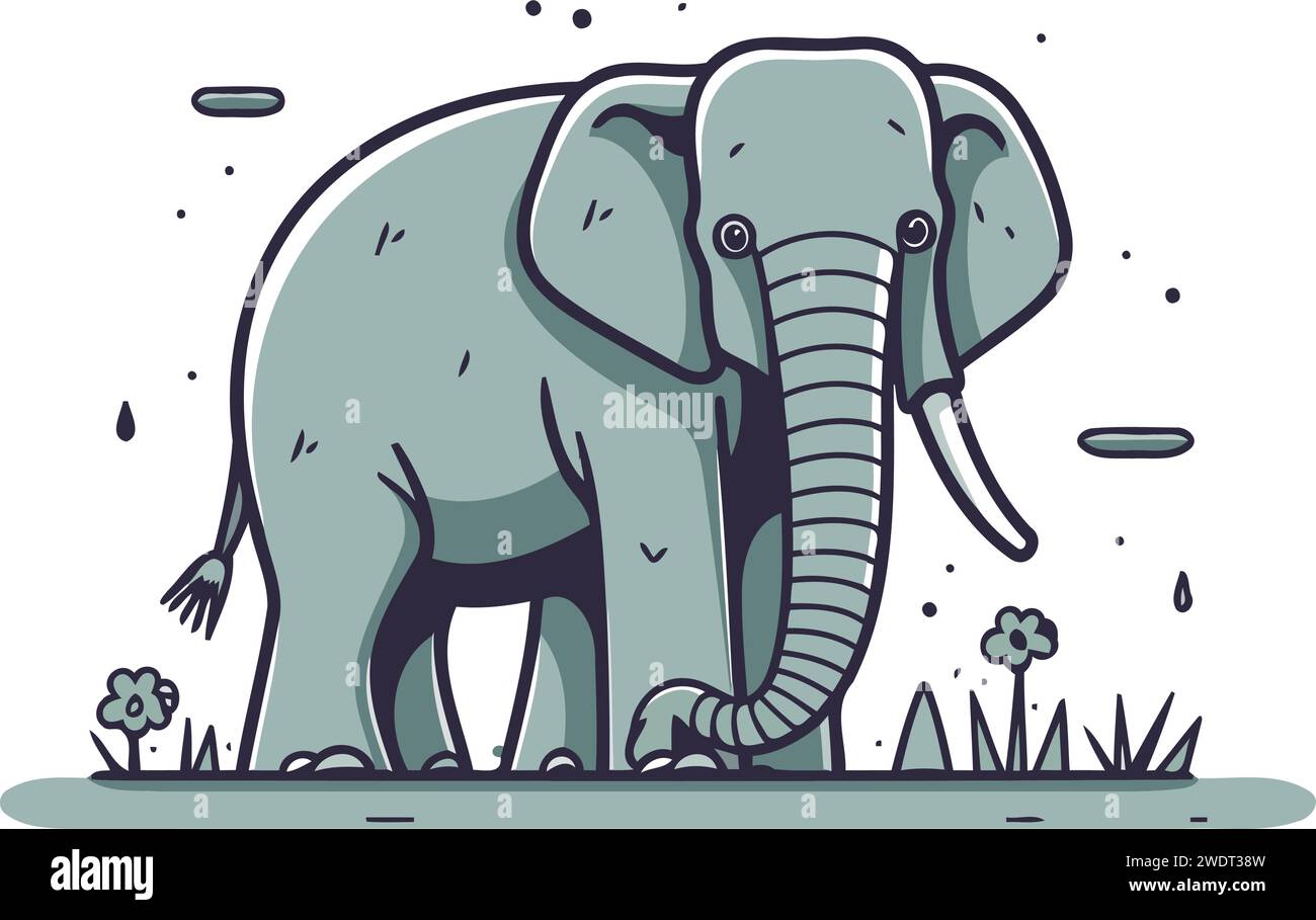 Vektor-Illustration eines Elefanten, der im Gras steht und auf die Kamera blickt. Stock Vektor