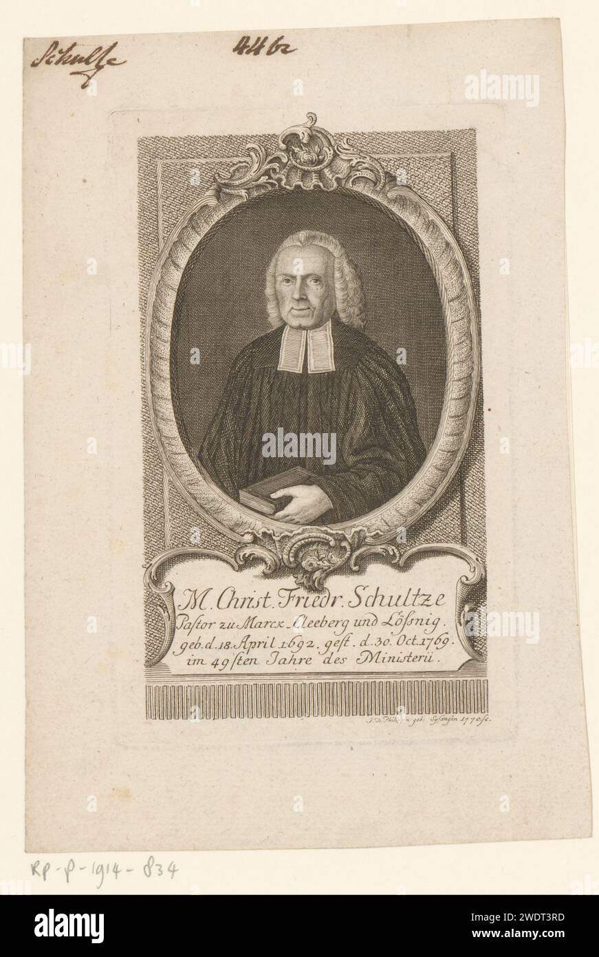 Porträt van Christian Friedrich Schultze, Johanna Dorothea Sysang, 1770 Druckpapier mit Stich historischer Personen. Buch Stockfoto