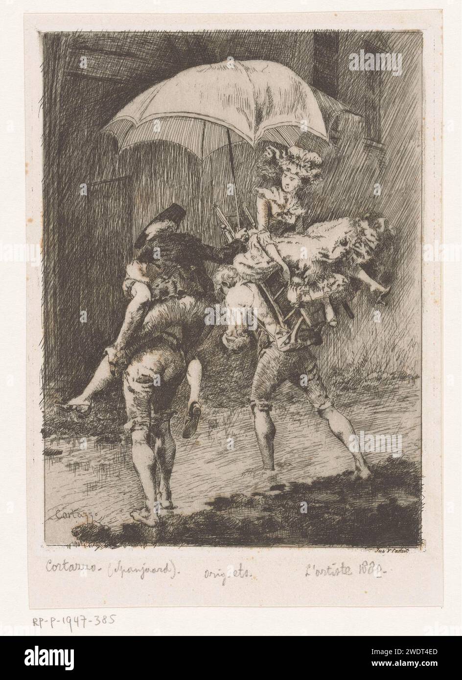 Overstroming, Oreste Cortazzo, ca. 1840 - vor 1912 drucken zwei junge Männer gehen durch eine überflutete Straße im Regen. Bei einem der Männer gibt es noch einen Mann mit einem Regenschirm auf der Rückseite. Der andere Mann trägt auf seinem Lehnstuhl mit einer Frau drauf. Druckerei: SpainVerlag: Paris Papier ätzend Regenguss, Regendusche. Regenschirm. Eine Person auf dem Rücken tragen Stockfoto