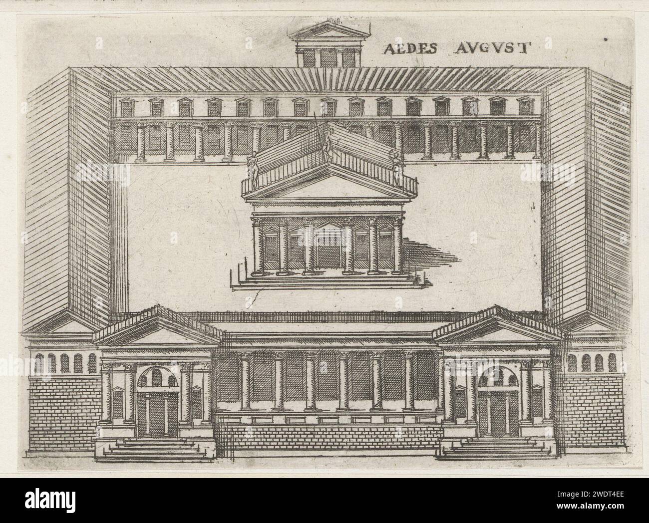 Van Augustus Met of Tempel Van Mars Ultor Te Rome, Jacques Androuet, 1584 Print der Druck ist Teil eines Albums. Druckerei: Franzeprinter: ParisFrance Papierätzung Darstellung des realen Gebäudes (entweder existierend oder existierend). Tempel, Schrein  Forum der römischen Religion des Augustus. Tempel des Mars Ultor Stockfoto