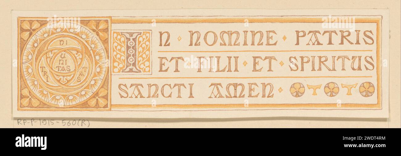 Im Namen des Vaters und des Sohnes und des Heiligen Geistes, Veroon Derkinderen, 1895 gedruckt Ein horizontales, rechteckiges Titelband mit links dem Text „Trinitas Unitas“ in einem Kreis mit Pflanzenmotiven. Papierschmuck aus Pflanzenformen Stockfoto