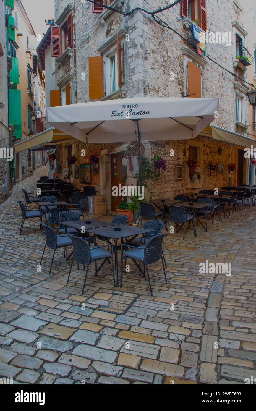 Corner Restaurant, Rovinj, Kroatien, Europa Stockfoto