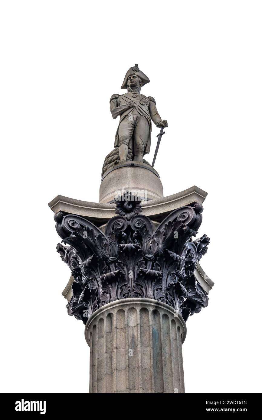 Die Spitze der Nelson's Column am Trafalgar Square mit der Statue von Horatio Nelson auf der Spitze, London, Großbritannien. Isoliert auf weißem Hintergrund Stockfoto