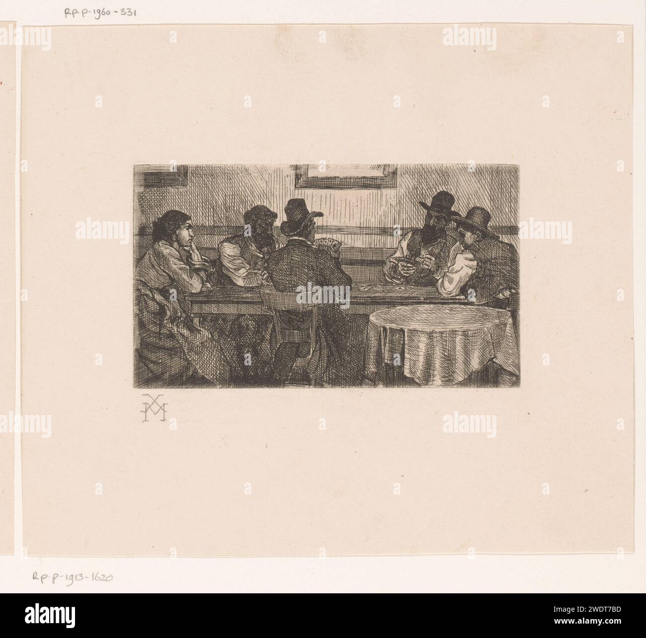 Kartenspieler am Tisch, Xavier Mellery, 1855 - 1913 Druckpapier, das Spielkarten graviert. Erwachsener Mann (+ vier Personen). Erwachsene Frau Stockfoto