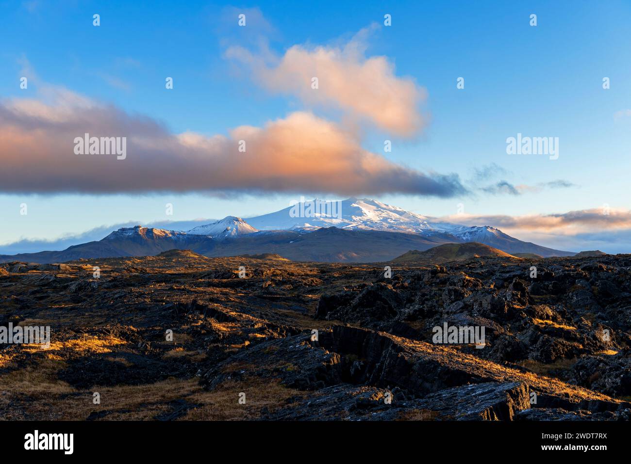 Snaefellsjokull-Gletscher, der den Snaefell-Vulkan bei Sonnenuntergang mit rosa Wolken und blauem Himmel bedeckt, Snaefellsnes-Halbinsel, Westisland Stockfoto