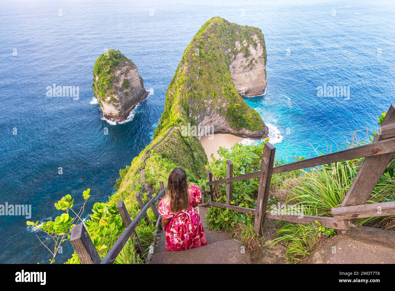 Rückansicht einer Frau, die die Klippen von T-Rex am Kelingking Beach, Nusa Penida, Klungkung Regency, Bali, Indonesien, bewundert. Südostasien, Asien Stockfoto
