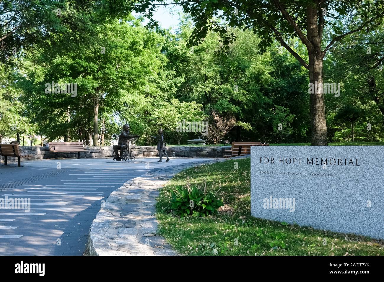 Blick auf den Franklin D. Roosevelt Four Freedoms Park, ein Denkmal für Franklin D. Roosevelt Stockfoto