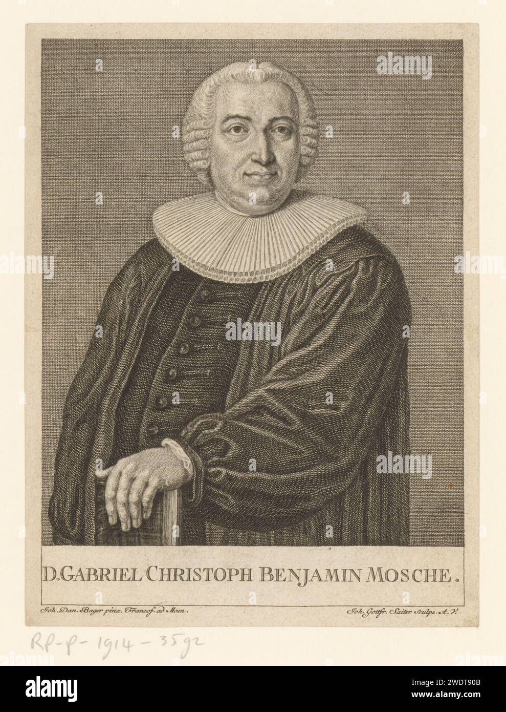 Porträt van Gabriel Christoph Benjamin Moshe, Johann Gottfried Seutter, Anus Johann Daniel Bager, 1727 - 1800 Druckpapierstich historischer Personen. Buch Stockfoto