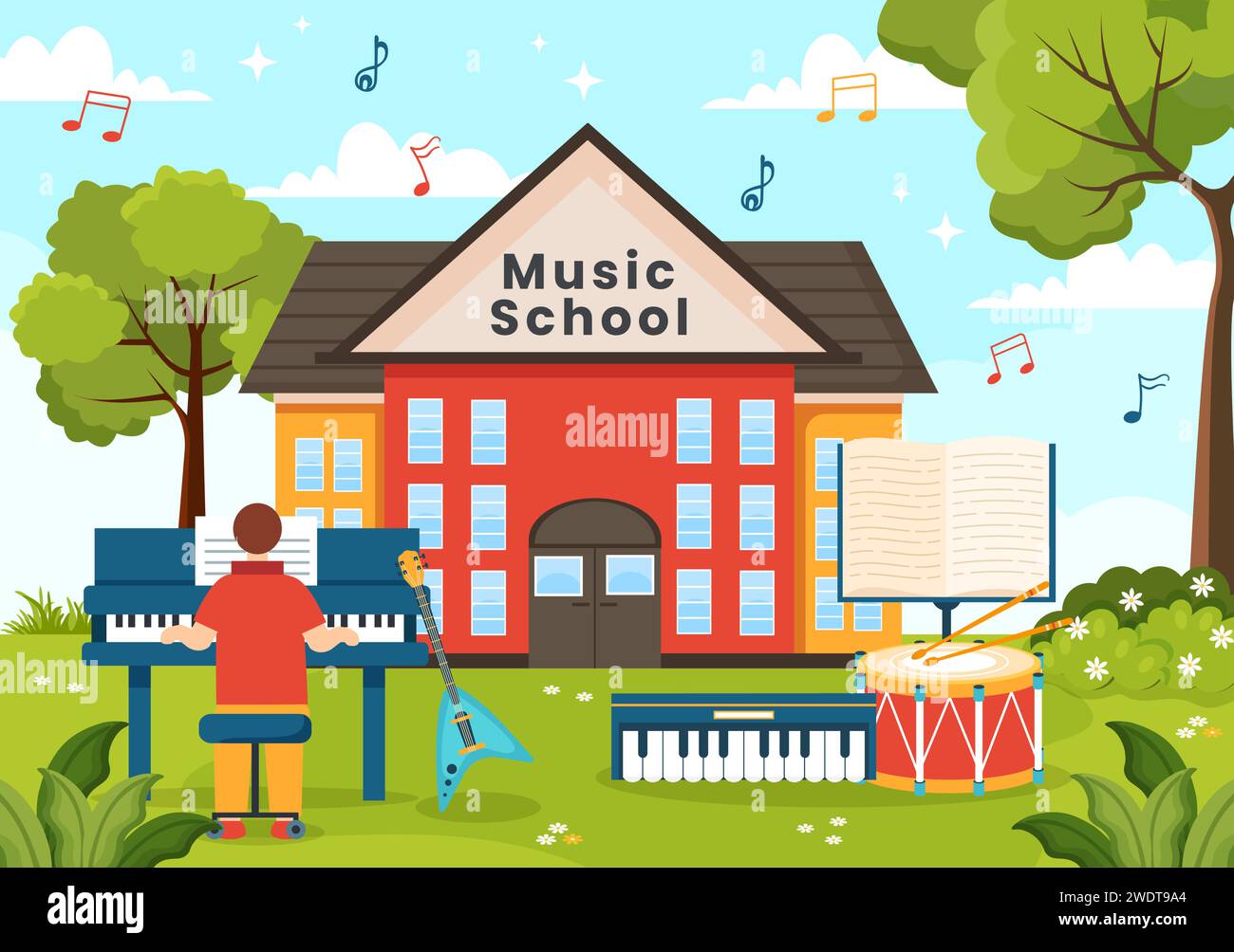 Musik Schule Vektor Illustration mit Spielen verschiedener Musikinstrumente, Lernen Bildung Musiker und Sänger in Flat Kids Cartoon Hintergrund Stock Vektor
