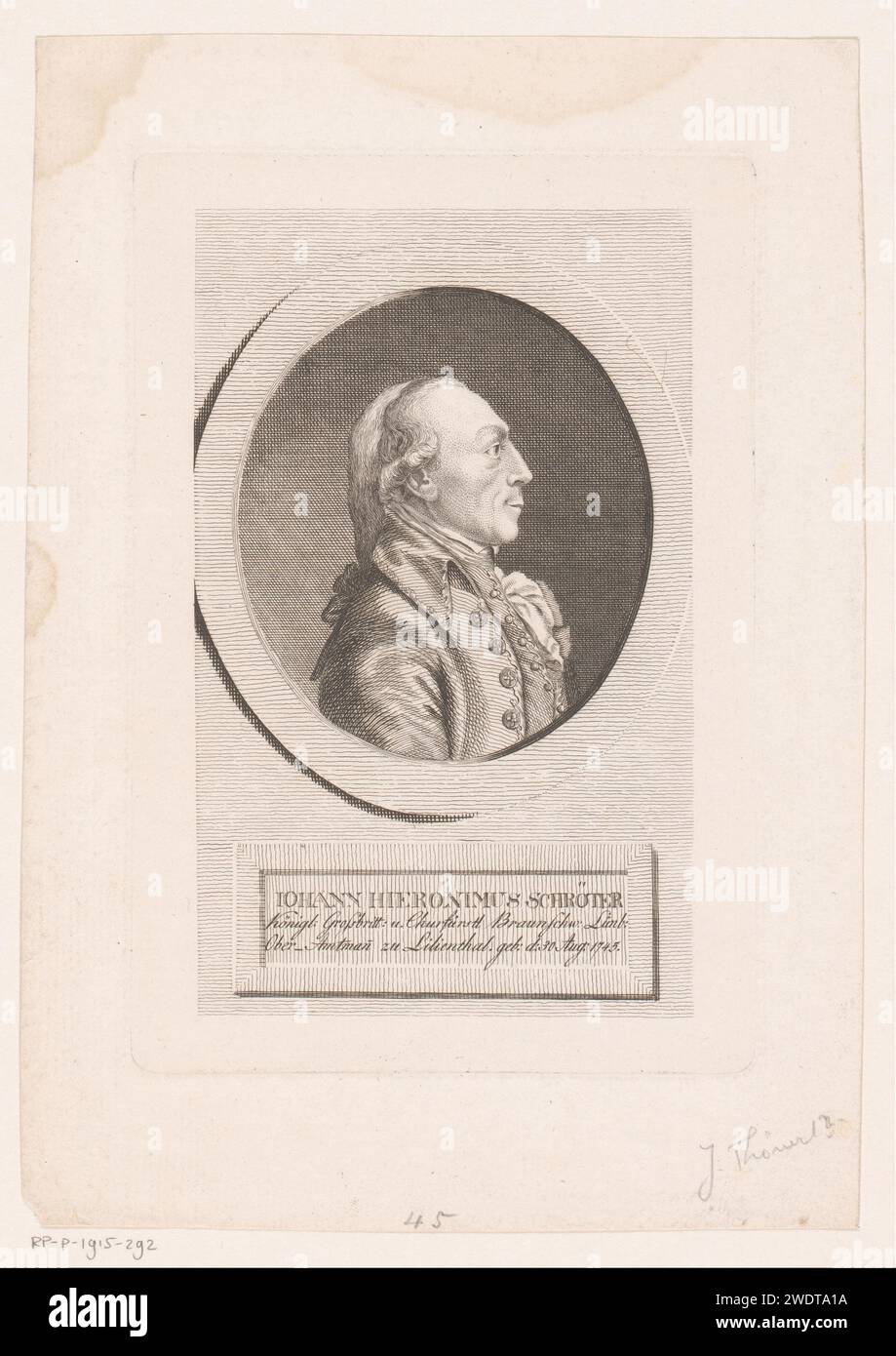 Porträt van Johann Hieronymus Schröter, Eberhard Siegfried Henne (evtl.), 1781 - 1828 gedrucktes deutsches Papier, das historische Personen graviert Stockfoto