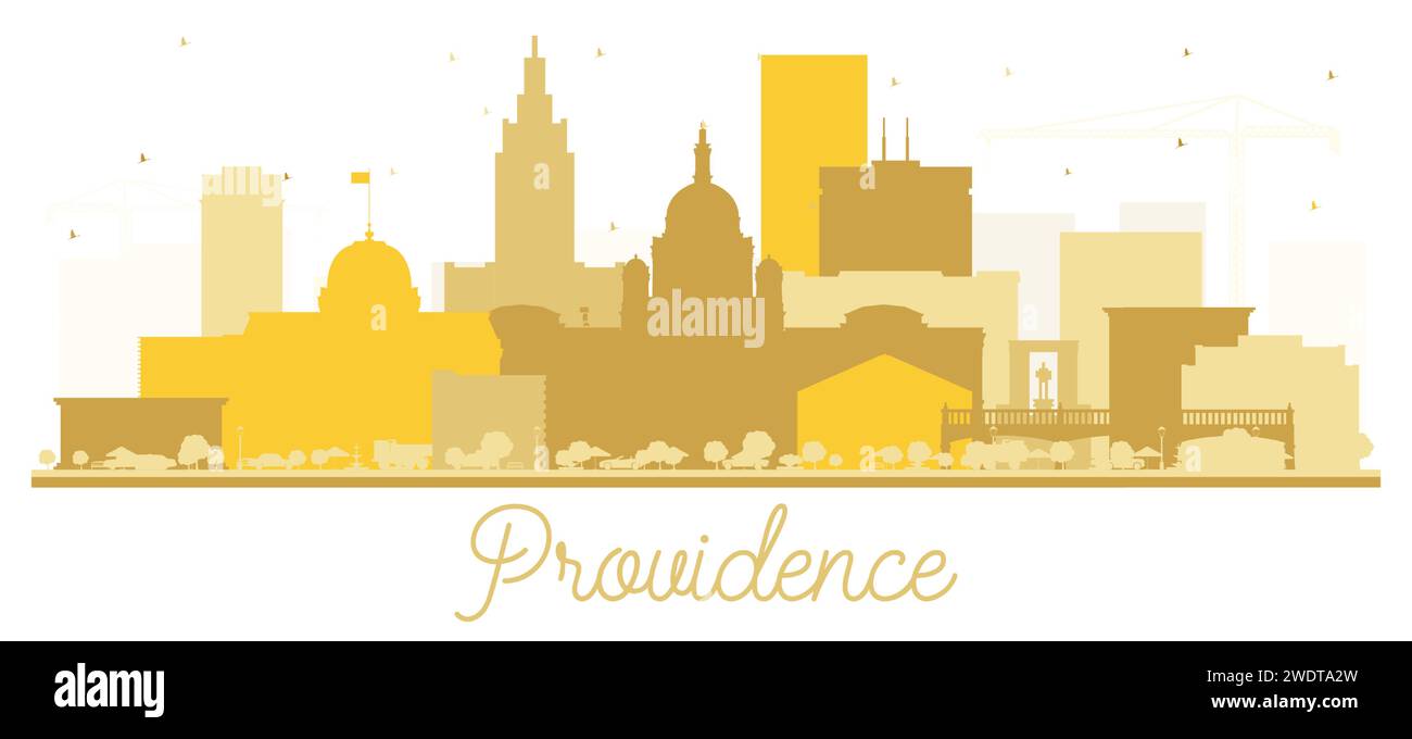 Silhouette der Skyline von Providence Rhode Island City mit goldenen Gebäuden auf weiß. Vektorabbildung. Providence USA Stadtbild mit Wahrzeichen. Stock Vektor