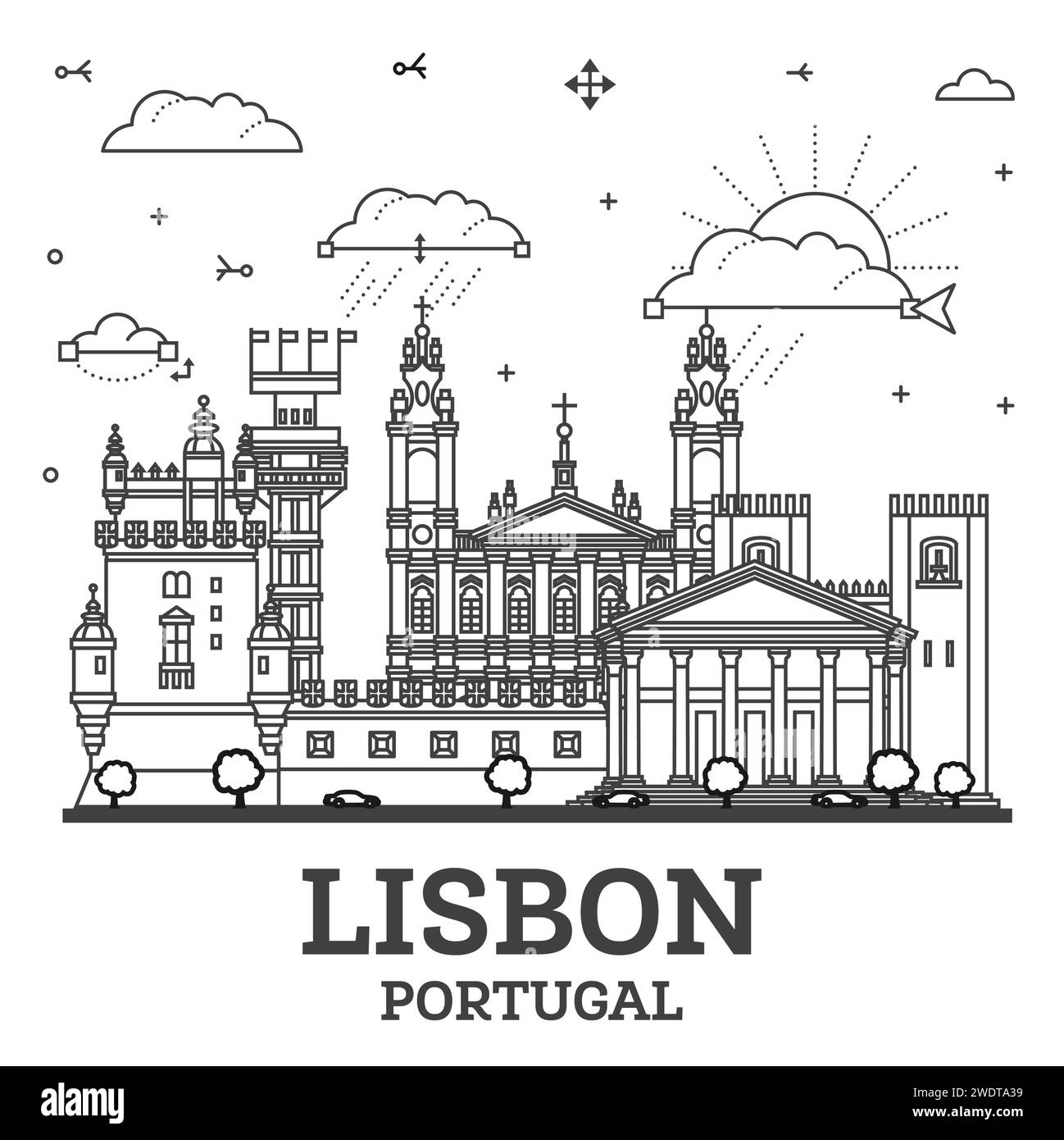 Umreißen Sie die Skyline der Stadt Lissabon Portugal mit modernen und historischen Gebäuden, die auf weiß isoliert sind. Vektorabbildung. Lissabons Stadtbild mit Wahrzeichen. Stock Vektor