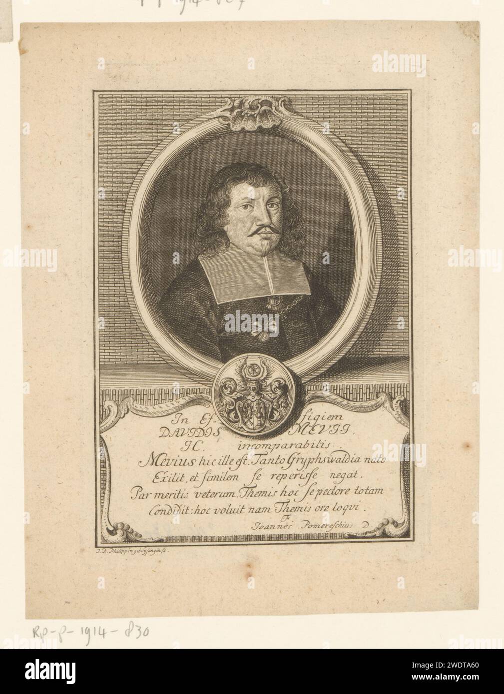 Porträt von David Mevius, Johanna Dorothea Sysang, 1739 - 1791 Druckpapier mit Gravur historischer Personen. Waffenlager, Heraldik Stockfoto