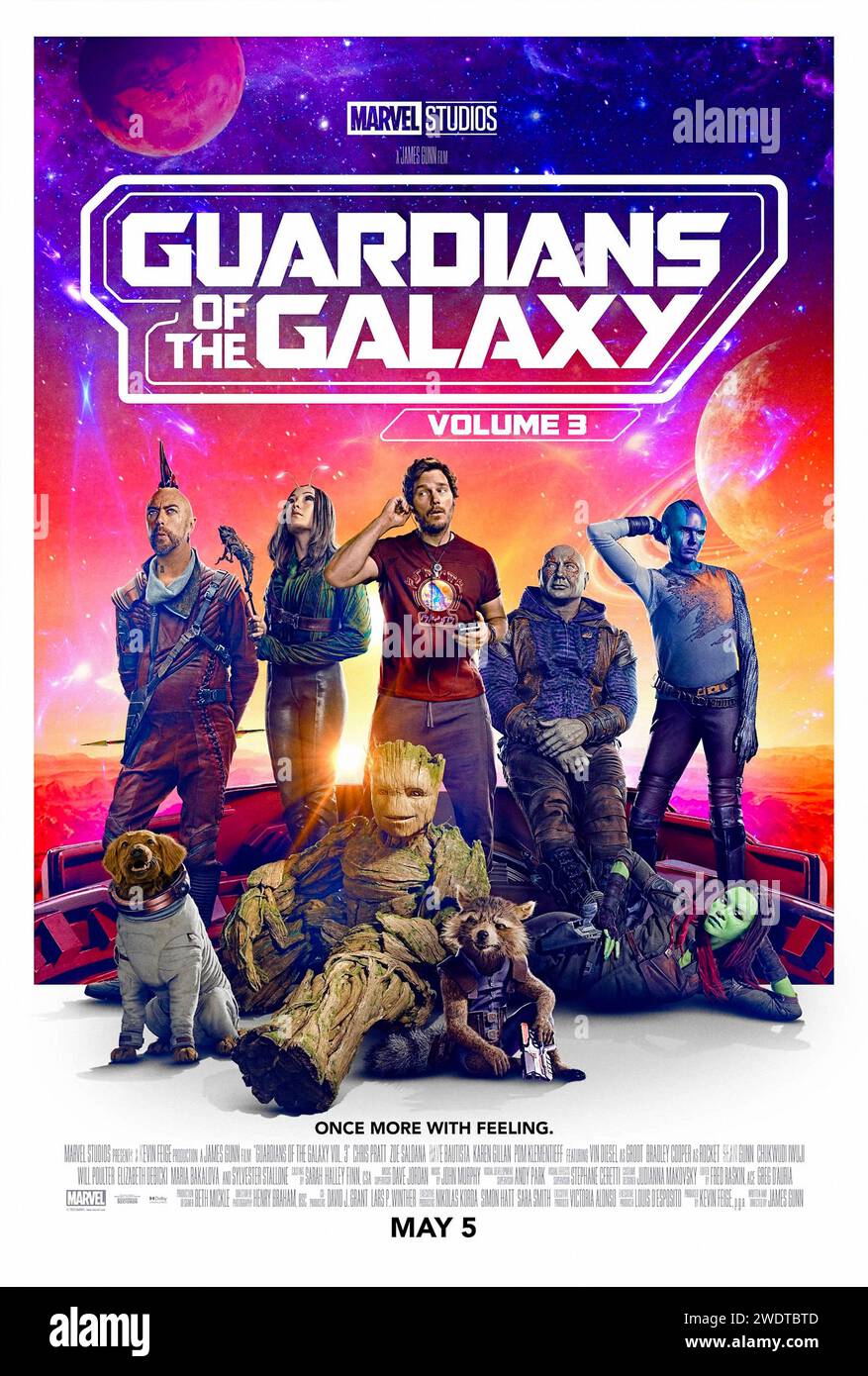 Guardians of the Galaxy Vol. 3 (2023) von James Gunn mit Chris Pratt, Chukwudi Iwuji und Bradley Cooper. Peter Quill ist immer noch vom Verlust Gamoras betroffen und sammelt sein Team, um das Universum und eine ihrer eigenen zu verteidigen – eine Mission, die das Ende der Wächter bedeuten könnte, wenn sie nicht erfolgreich sind. US-Poster mit einem Blatt ***NUR FÜR REDAKTIONELLE ZWECKE***. Quelle: BFA / Walt Disney Studios Stockfoto