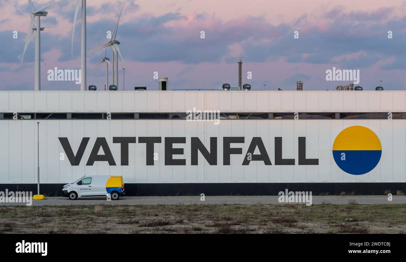 IJmuiden, Niederlande, 19.01.2024, Firmenzeichen und Logo von Vattenfall auf der Gebäudeaußenwand Stockfoto