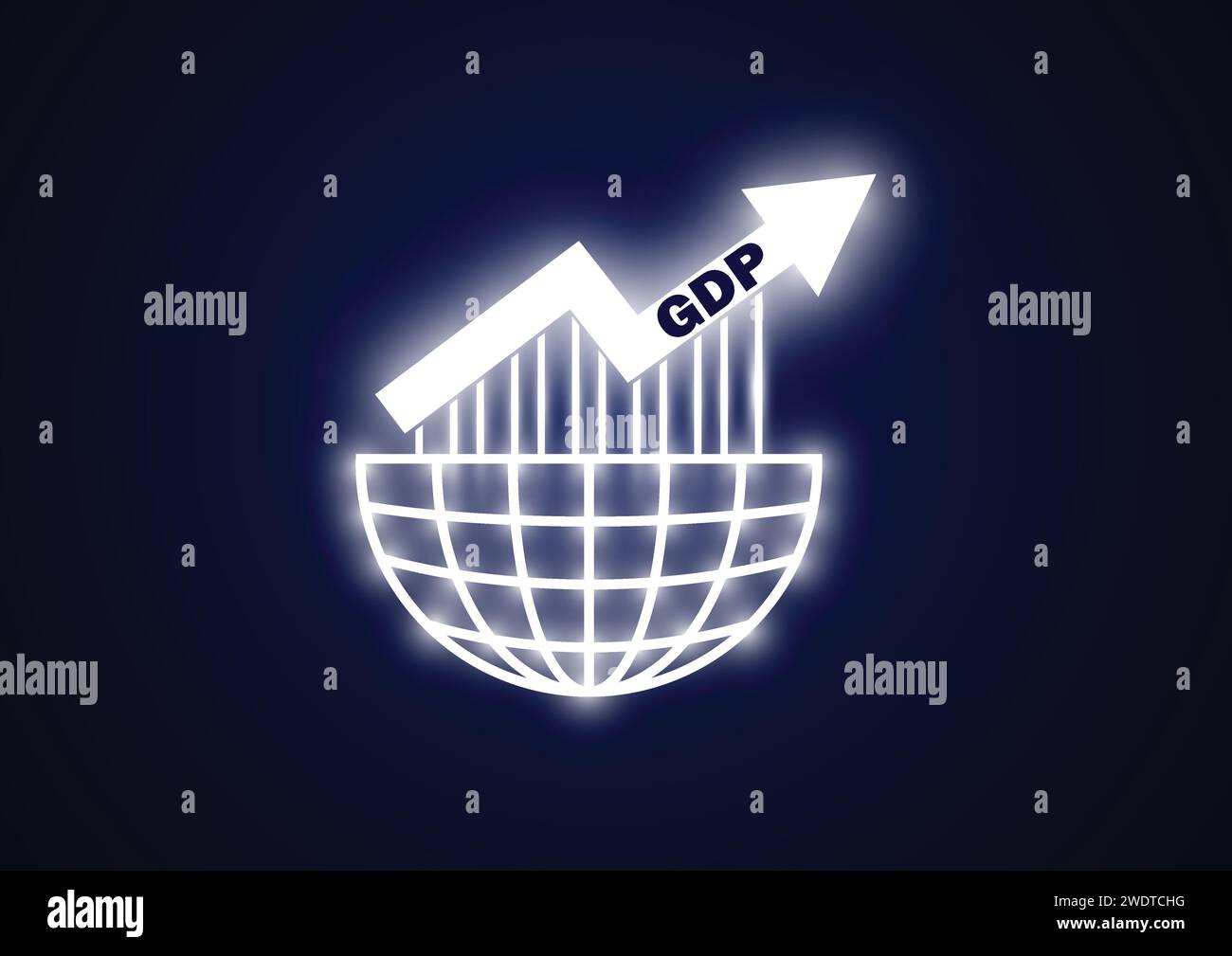 BIP-Geschäftskonzept. Globus mit dem Pfeil zum Wachstum des Bruttoinlandsprodukts auf dunkelblauem Hintergrund. Vektorabbildung Stock Vektor