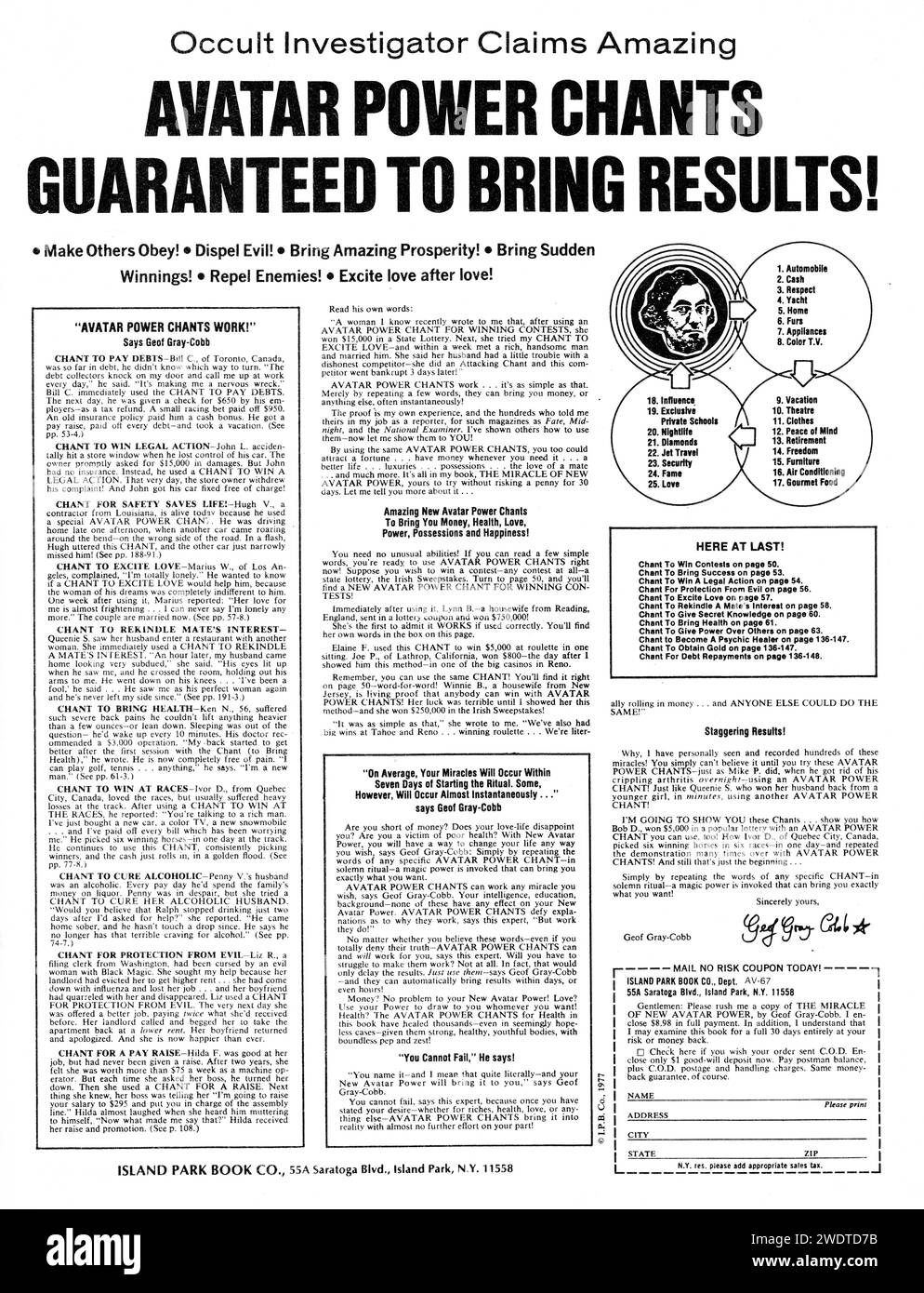 Eine ganzseitige Anzeige in einem Sportmagazin der späten 1970er Jahre für die Island Park Book Company für Avatar Power Chants. Sie garantiert Ergebnisse, einschließlich der Fähigkeit, andere zum Gehorsam zu bringen, das Böse zu beseitigen und die Fähigkeit, Liebe zu erregen. Stockfoto