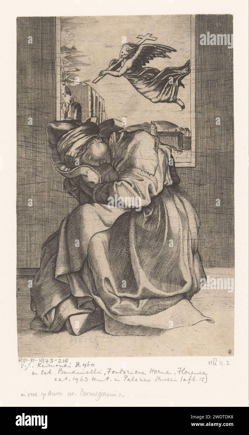 Heilige Helena und das wahre Kreuz, Anonym, nach Parmigianino, 1513 - 1549 Druck Heilige Helena sitzt im Vordergrund. Hinter ihr ein Fenster mit außen dem Engel, der auf ihr erschien, in einer Vision mit dem wahren Kreuz, an dem Christus gehängt hatte. Italien Papierstich Kaiserin Helena, Mutter von Konstantin dem Großen; mögliche Attribute: Modell der Kirche, (königliche) Krone, Dornenkrone, Kreuz, drei Nägel Stockfoto