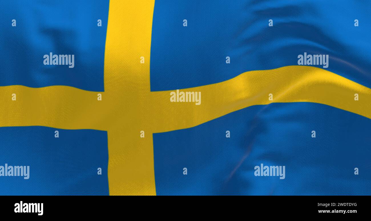 Nahaufnahme der schwedischen Nationalflagge, die winkt. Gelbes nordisches Kreuz auf blauem Hintergrund. Skandinavisches Land. 3D-Darstellung. Flatterndes Gewebe. Stockfoto