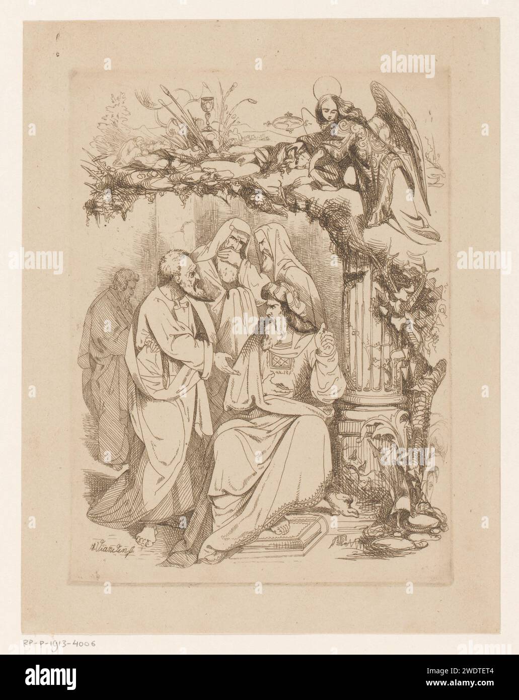 Judas Iskariot bei den Hohenpriestern, Heinrich Vianden, 1844 Druck Judas Iskariot bei den Hohenpriestern. Über Christus im Hof von Getsemane Belgien (möglicherweise) Papierätzung Habgier; 'Avaritia' (Ripa)  Personifizierung einer der sieben tödlichen Sünden. Judas geht zu den Hohenpriestern hinaus, verrät Christus und empfängt die Belohnung (Matthäus 26,14-16; Markus 14,10-11; Lukas 22,4-6). Qual Christi: Um ihn zu trösten, erscheinen Christus ein oder mehrere Engel mit Kelch und/oder Kreuz Stockfoto