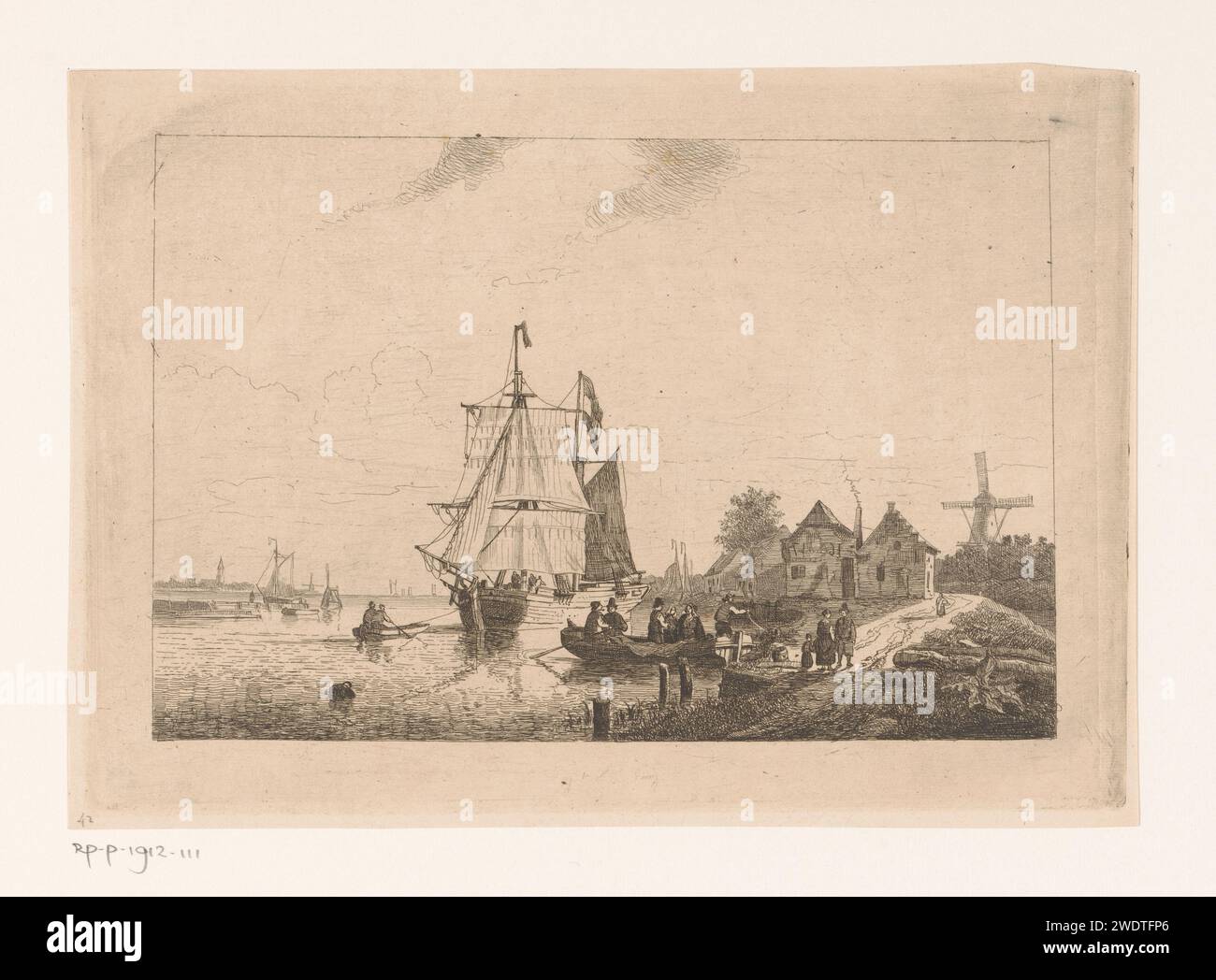 Blick auf Tholen, Egidius Linnig, 1851 Druckpapier ätzend Segelschiff, Segelboot. Windmühle. Aussicht auf das Dorf, Silhouette des Dorfes Tholen Stockfoto