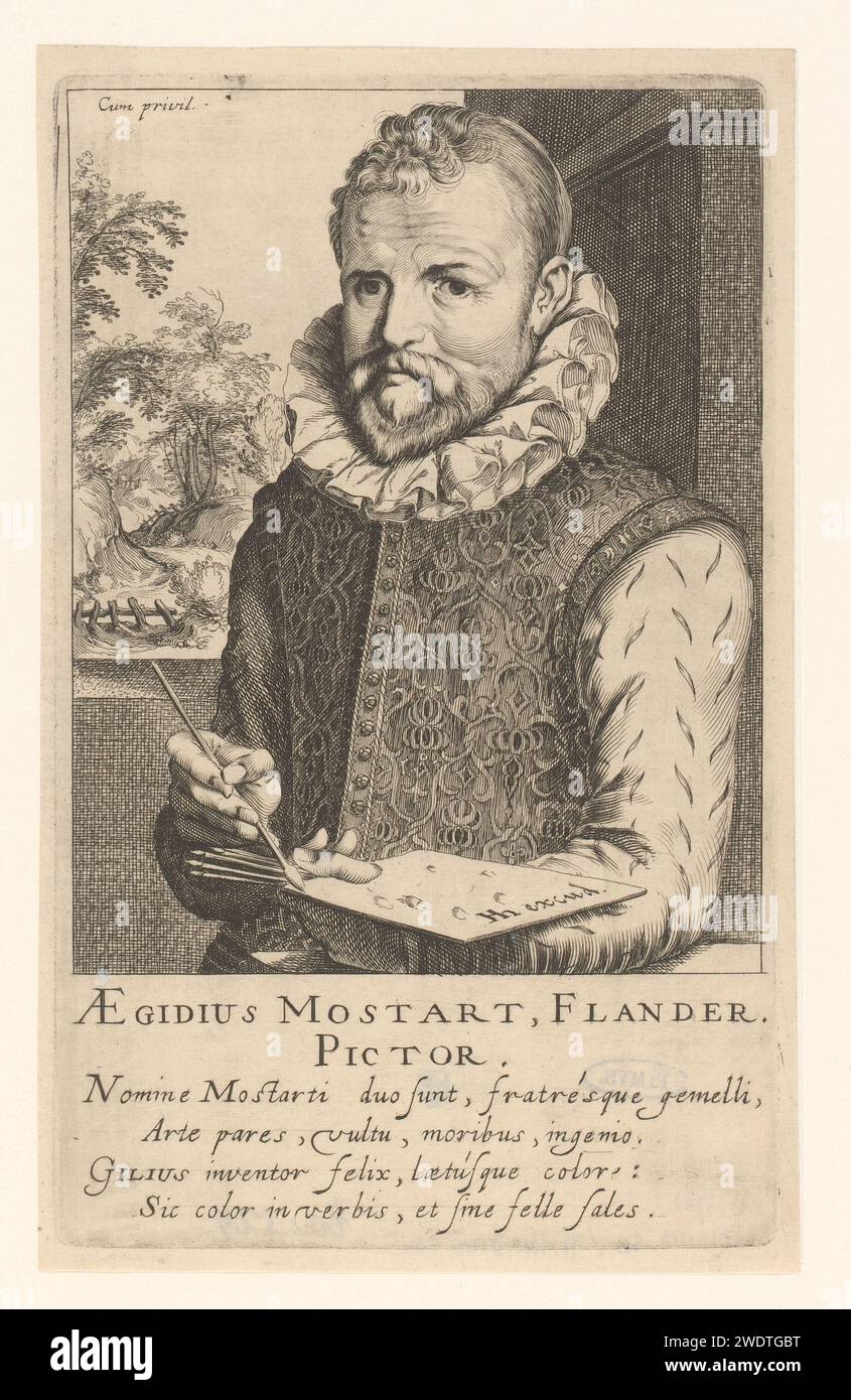 Portret Van Gillis Mostaert, Simon Frisius, 1610 Druck der Haager Papier Gravur historischer Personen. Porträt, Selbstporträt des Malers Stockfoto