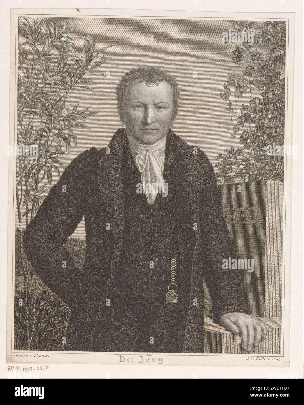 Porträt van Johann Christian Gottfried Jörg, Johann Christiaan Böhme, nach Hans Veit Friedrich Schnorr aus Carolsfeld, 1805 - 1835 Druck Leipziger Papiergravur / Gravur historischer Personen. Pflanzen; Vegetation. Ansehen Stockfoto