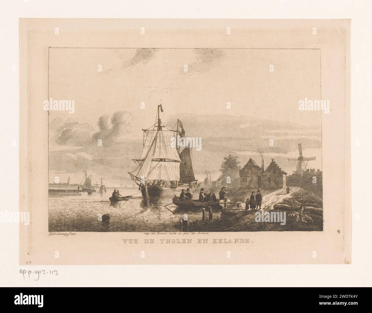 Blick auf Tholen, Egidius Linnig, 1851 Druckpapier ätzend Segelschiff, Segelboot. Windmühle. Aussicht auf das Dorf, Silhouette des Dorfes Tholen Stockfoto